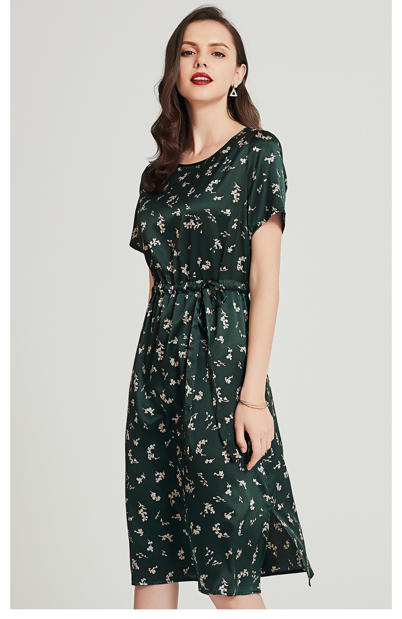 首页 服饰 女装 裙子 漫丽依 2018夏季真丝优雅花纹系带圆领短袖套头